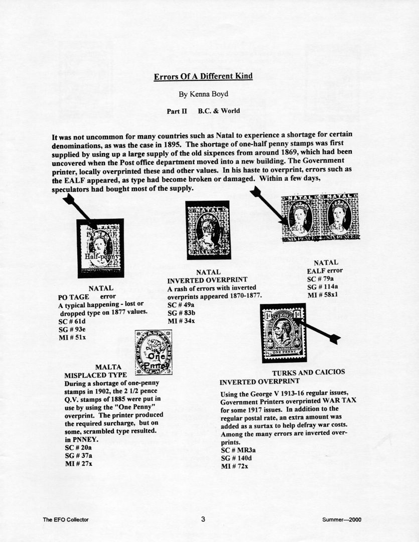 stamp errors, stamp errors, EFO, Errors Of A Different Kind, Boyd, Natal, 1895, EALF, Po tage Error, Scott 61, inverted overprint, Scott 49, Scott 79, Malta, Misplaced Type, PNNEY, Scott 20, Turks and Caicos, inverted overprint, George V, 1913, WAR TAX, 1917, Scott MR3