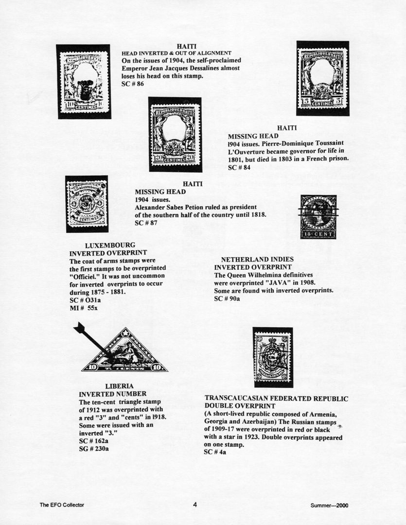 stamp errors, stamp errors, EFO, Haiti, head inverted and out of alignment, Emperor Jean Jacques Desselines, Scott 86, Missing Head, 1904, Pierre-Dominique Toussaint L'Ouverture, Scott 84, Alexander Sabes Petion, Scott 87, Lixembourg, inverted overprint, officiel, 1875, Scott O31, Netherland Indies, inverted overprint, QUeen Wilhelmina, Java, Scott 90, Liberia, inverted nunber, triangle stamp, Scott 162, Transcaucasian Federated Republic, double overprint, Armenia, Georgia, Azerbaijan, 1909, 1917, Scott 4