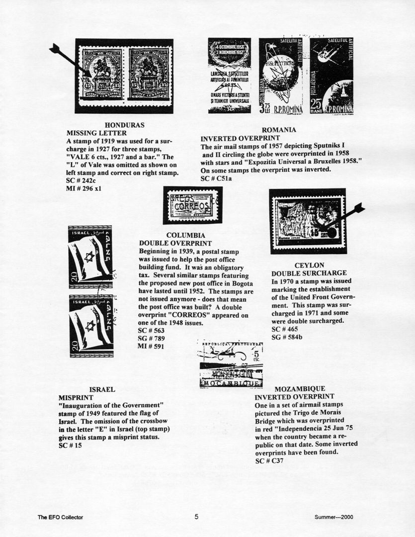 stamp errors, stamp errors, EFO, Honduras, Missing Letter, 1919, vale, Scott 242, Romania, Inverted Overprint, 1957, Sputniks I and II, Expozitia Universal a Bruxelles 1958, Scott C51, Coumbi, Double Overprint, 1939, obligatory tax, Bogota, Correos, Scott 563, Ceylon, Double Surcharge, United Front Government, 1971, Scott 465, Israel, Misprint, Inauguration of the Government, omission of crossbow in the letter E, Mozambique, inverted overprint, Trigo de Morais Bridge, independencia 25 Jun 75, Scott C37