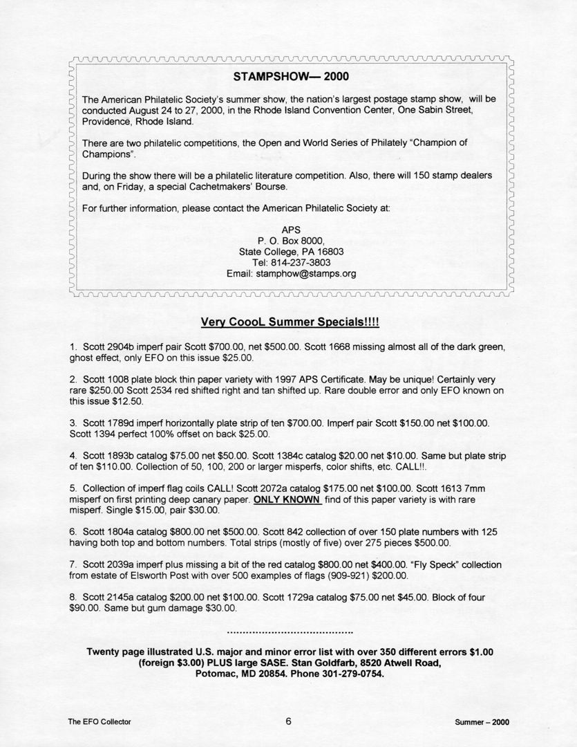 stamp errors, stamp errors, EFO, StampShow 2000, Goldfarb, Scott 2904, Scott 1668, Scott 1008, Scott 1789, Scott 1394, Scott 1893, Scott 2072, Scott 1613, Scott 1804, Scott 842, Scott 2039, Scott 909, Scott 921, Scott 2145, Scott 1729