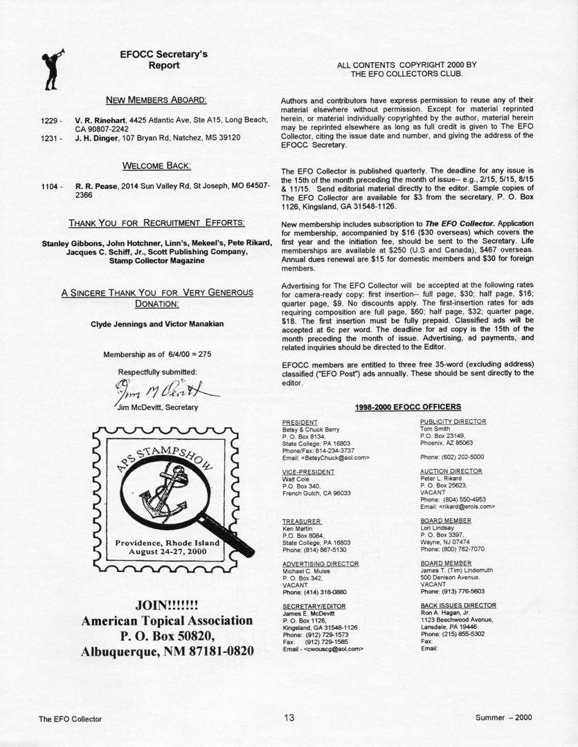 stamp errors, stamp errors, EFO, Secretary's Report, Rinehart, Dinger, Pease, Stanley Gibbons, Hotchner, Linn's, Mekeel's, Rikard, Schiff, Scott Publishing Company, Stamp Collector magazine, Jennings, Manakian, Berry, Cole, Martin, Mules, McDevitt, Smith, Lindsay, Lindemuth, Hagen