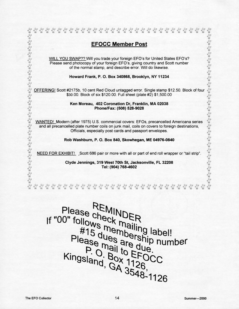 stamp errors, stamp errors, EFO, Member Post, Frank, Moreau, Scott 2175, Washburn, Jennings, Scott 686